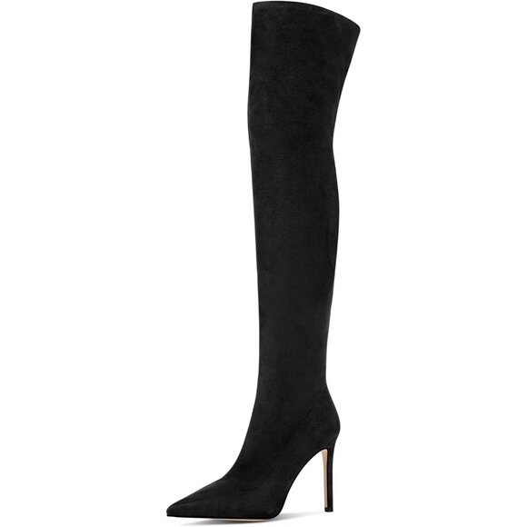 Shoes - Women's Black Over the Knee Boots Suede High Heel Thigh High Boots Pointed